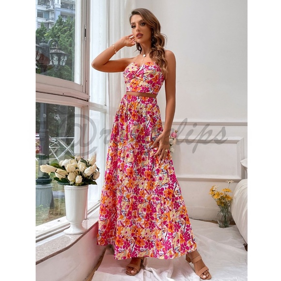 2 Piece Set Floral Strapless Top & High Waist Flared Maxi Skirt Pink Yellow - Picture 3 of 9